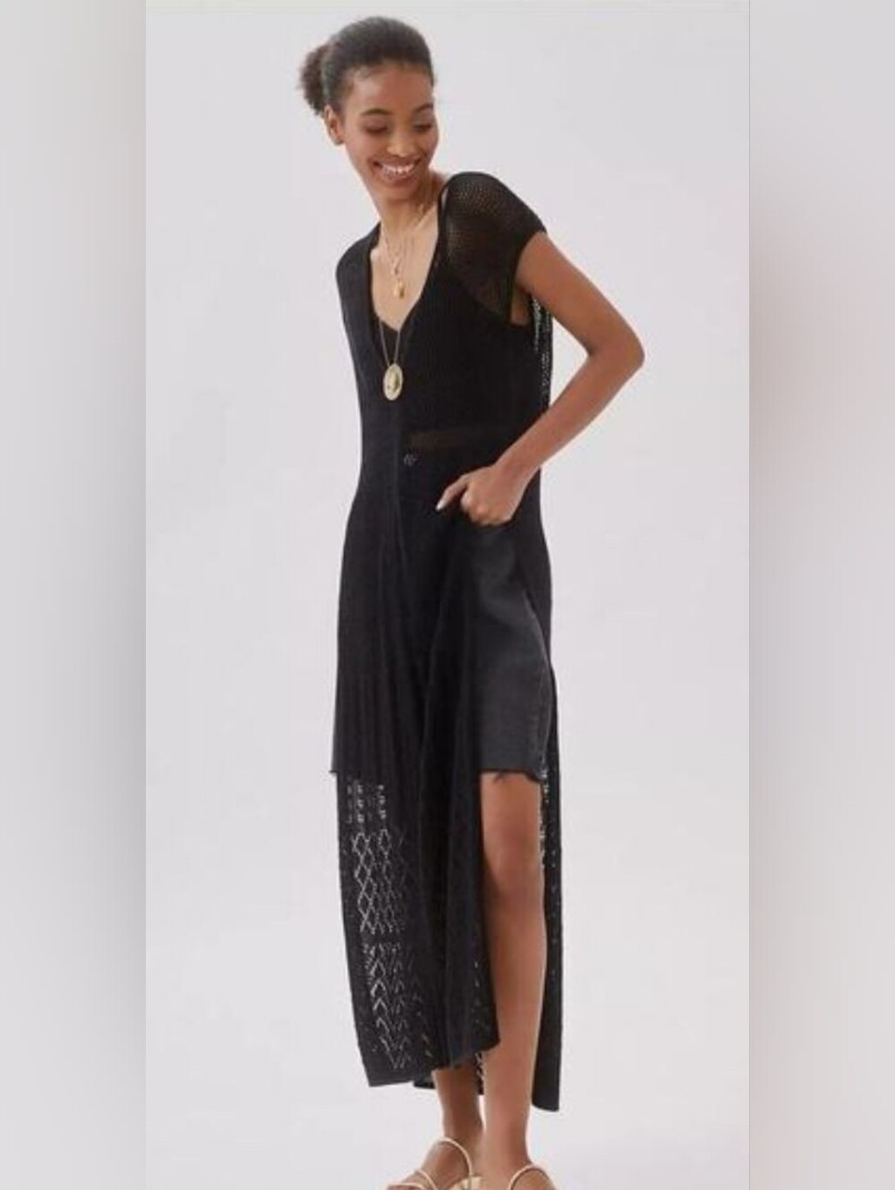 Anthropologie Open Knit Side Slit Crochet Caftan Set Size Large, Black